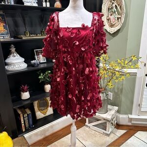 TCEC Burgundy Mini Dress with 3D Petal Appliqués